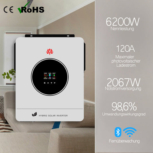 Homepow LMS-6200W Hybrid-Wechselrichter – 6.2 kW Einphasiger Solarwechselrichter mit MPPT, OLED, WiFi & Dual-Ausgang für On-/Off-Grid-Systeme - HomePow