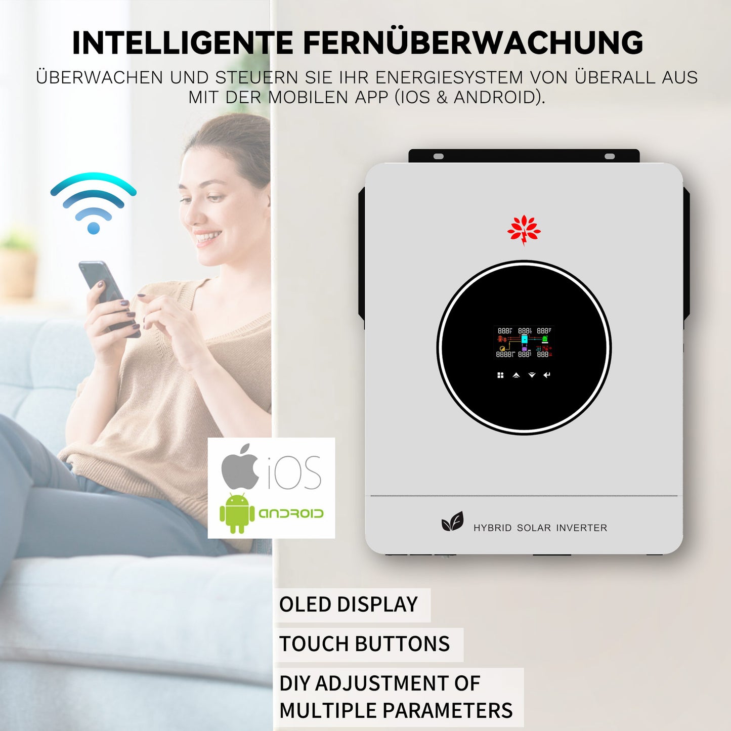 Homepow LMS-6200W Hybrid-Wechselrichter – 6.2 kW Einphasiger Solarwechselrichter mit MPPT, OLED, WiFi & Dual-Ausgang für On-/Off-Grid-Systeme - HomePow