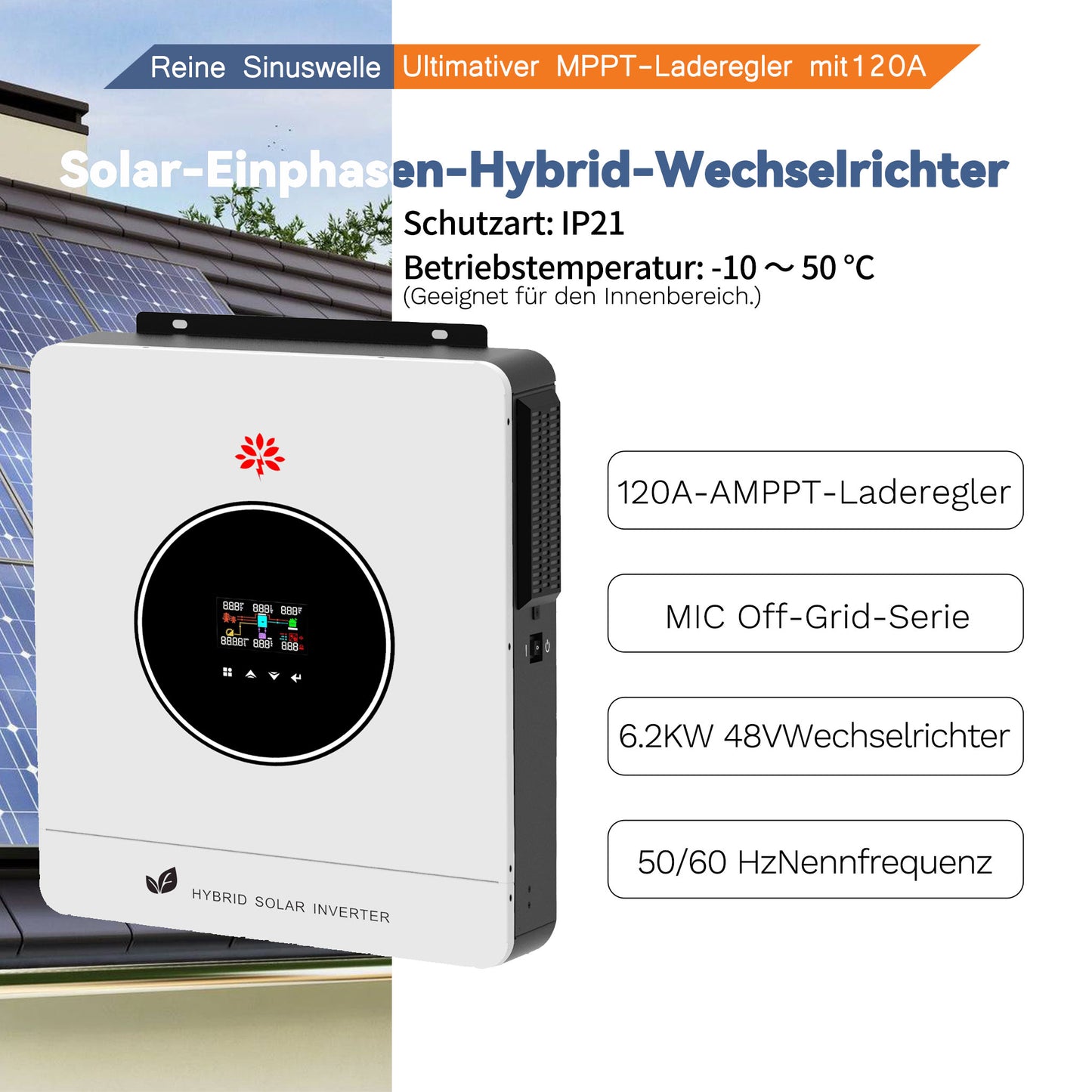 Homepow LMS-6200W Hybrid-Wechselrichter – 6.2 kW Einphasiger Solarwechselrichter mit MPPT, OLED, WiFi & Dual-Ausgang für On-/Off-Grid-Systeme - HomePow