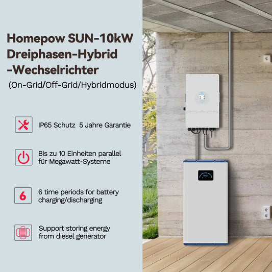 Homepow SUN-10kW Hybrid-Wechselrichter – Dreiphasiger 10 kW Solarwechselrichter mit Dual-MPPT & 48 V Batteriesystem - HomePow