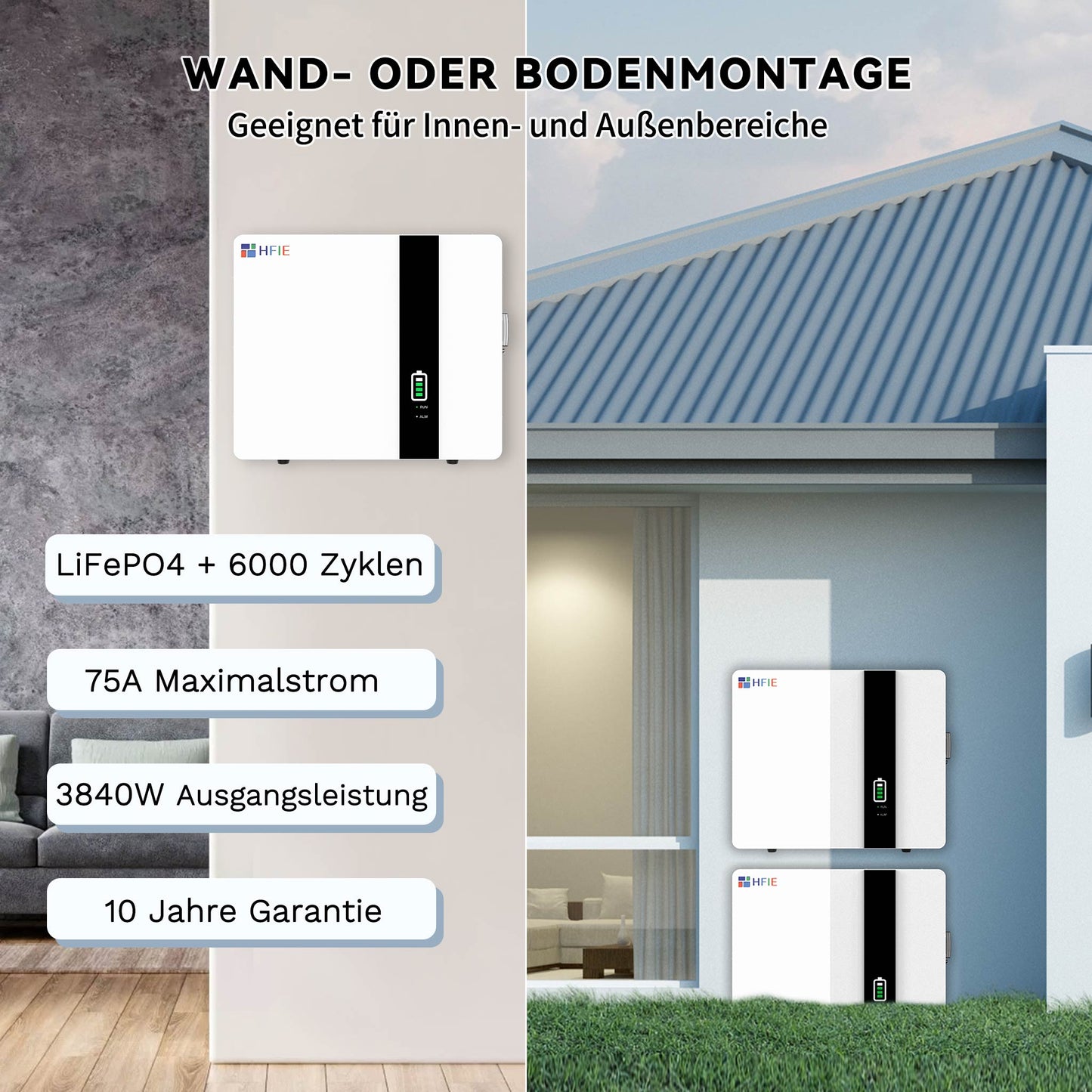 Homepow HF‑5 kWh Niedervoltbatterie – Wand- oder Bodenmontage, IP65, 6000+ Zyklen - HomePow