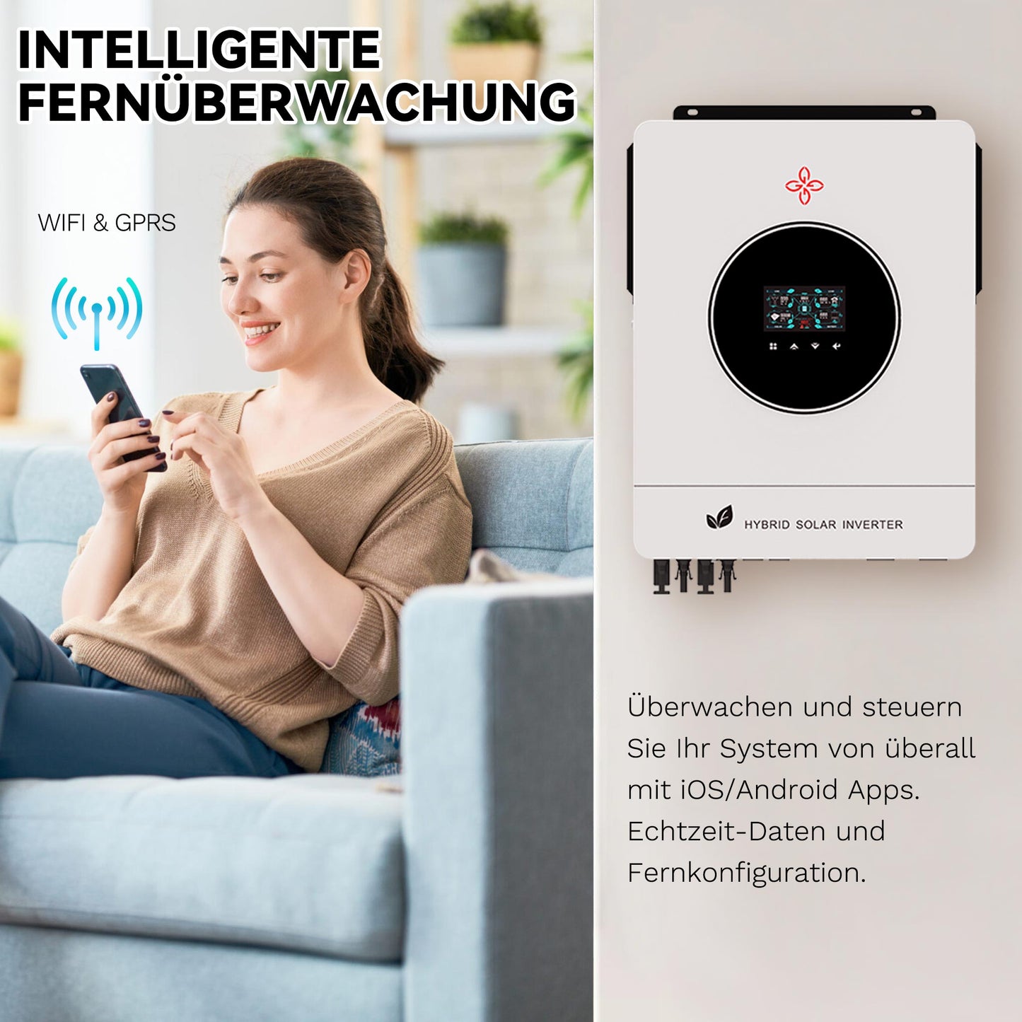 Homepow LMS-10200W Hybrid-Wechselrichter – 10.2 kW Einphasiger Solarwechselrichter mit Dual-MPPT, OLED & WiFi für On-/Off-Grid-Systeme - HomePow