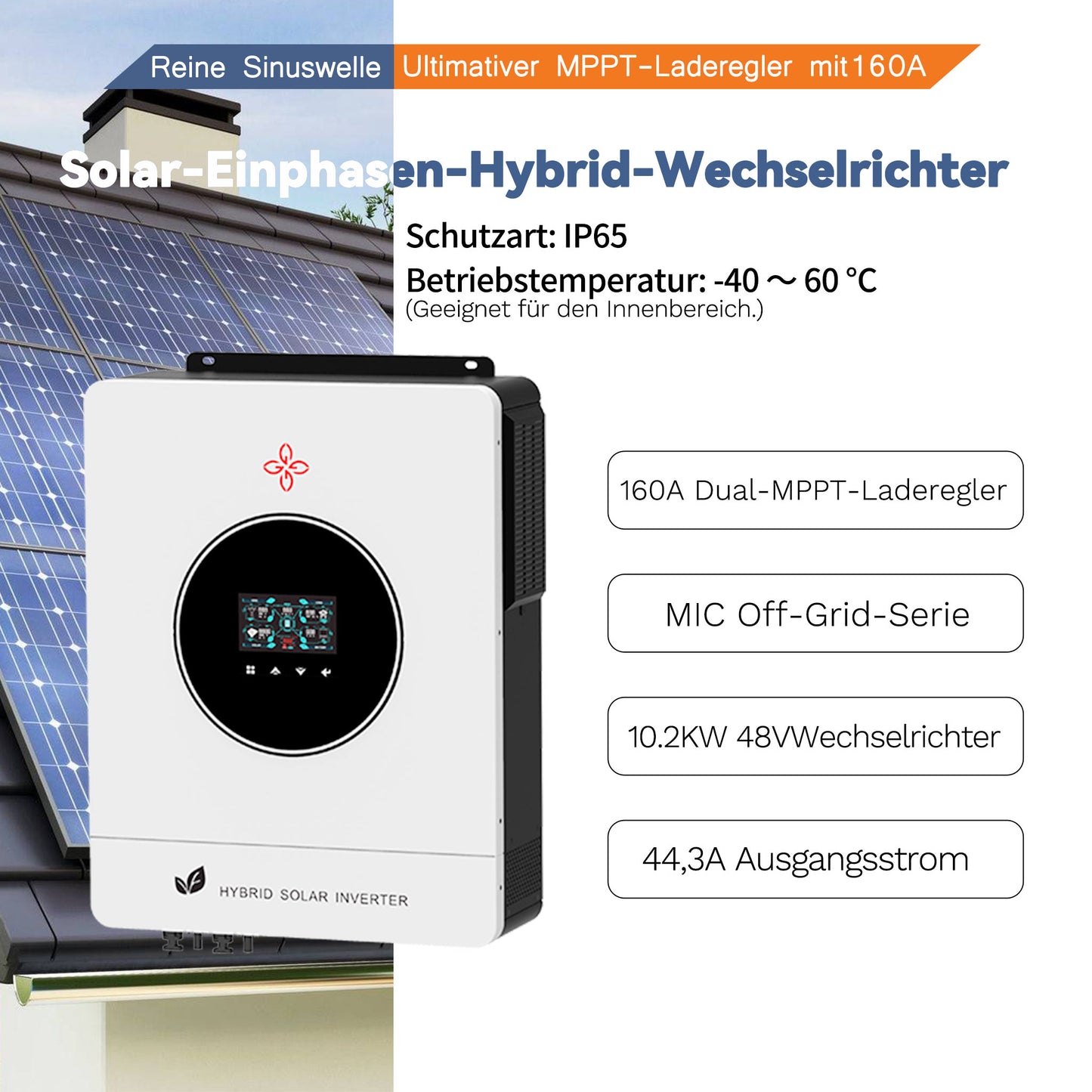 Homepow LMS-10200W Hybrid-Wechselrichter – 10.2 kW Einphasiger Solarwechselrichter mit Dual-MPPT, OLED & WiFi für On-/Off-Grid-Systeme - HomePow