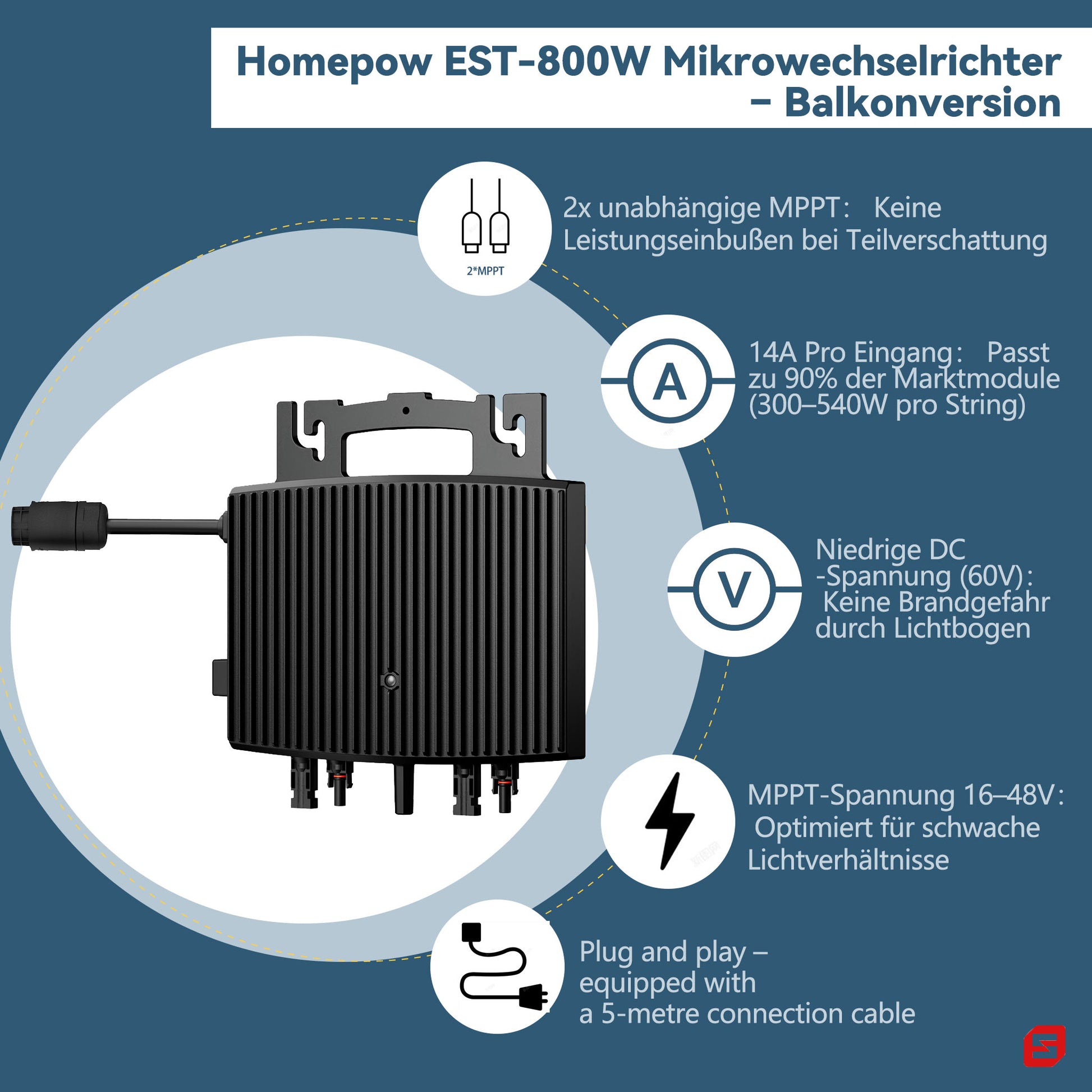 Homepow EST-800W Mikrowechselrichter – 800W Solar Wechselrichter mit Dual-MPPT, IP67 & App für Balkonkraftwerke - HomePow
