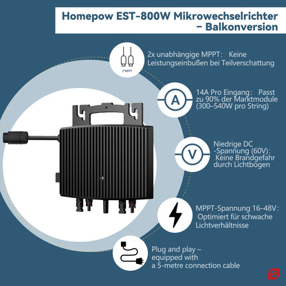 Homepow EST-800W Mikrowechselrichter – 800W Solar Wechselrichter mit Dual-MPPT, IP67 & App für Balkonkraftwerke - HomePow
