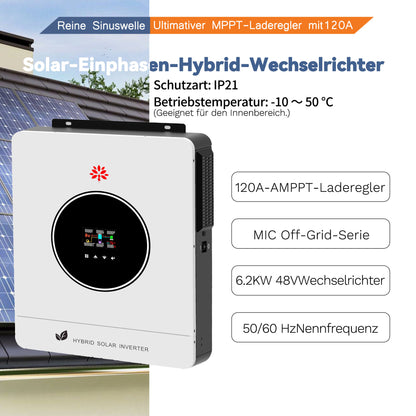 Homepow LMS-6200W Hybrid-Wechselrichter – 6.2 kW Einphasiger Solarwechselrichter mit MPPT, OLED, WiFi & Dual-Ausgang für On-/Off-Grid-Systeme - HomePow