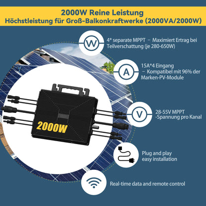 Homepow TM-2000W Mikrowechselrichter – 2000W Solar Wechselrichter mit 4×MPPT, IP67 & App für Balkonkraftwerke