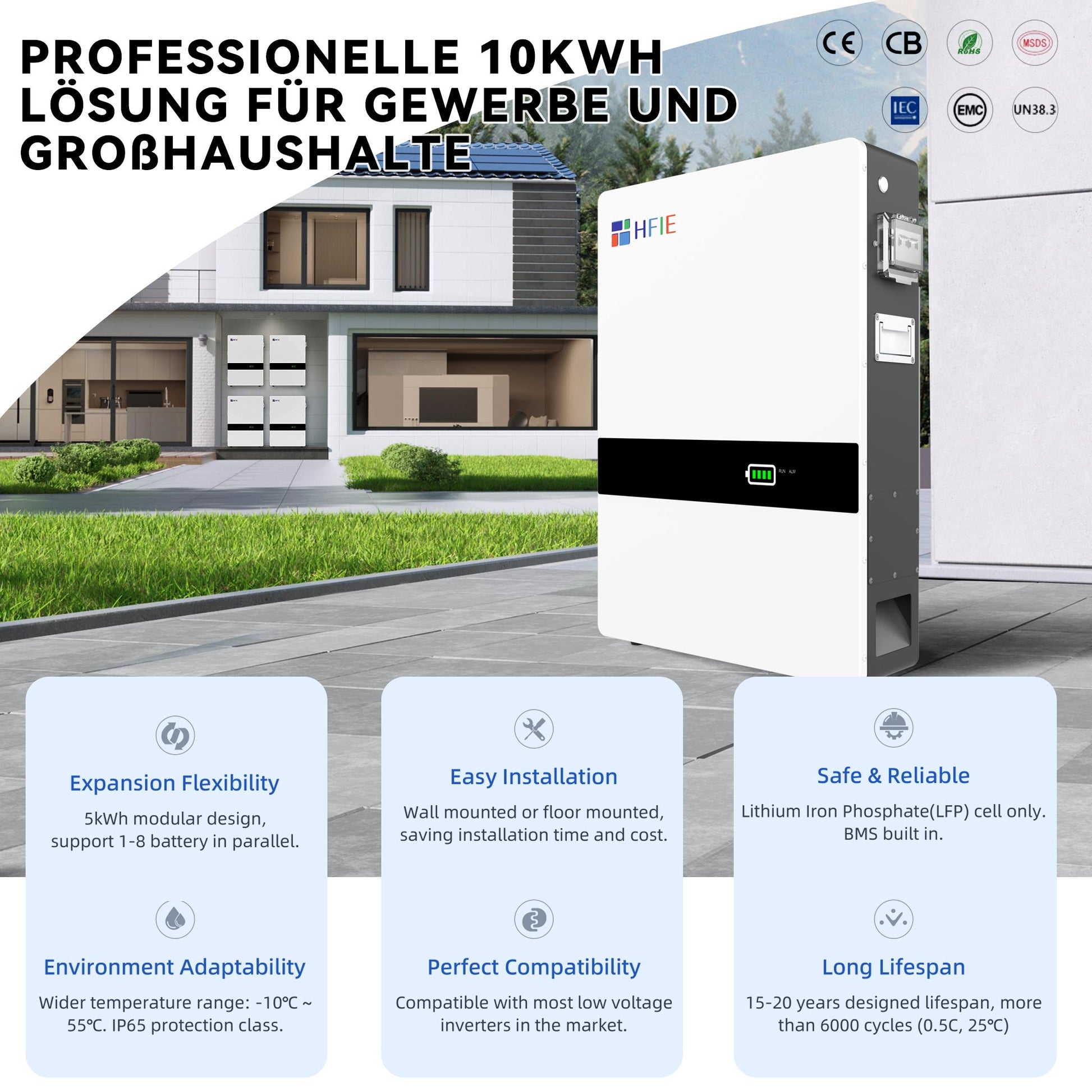 Homepow HF‑10 kWh Niedervoltbatterie – Wand- oder Bodenmontage, IP65, 6000+ Zyklen - HomePow